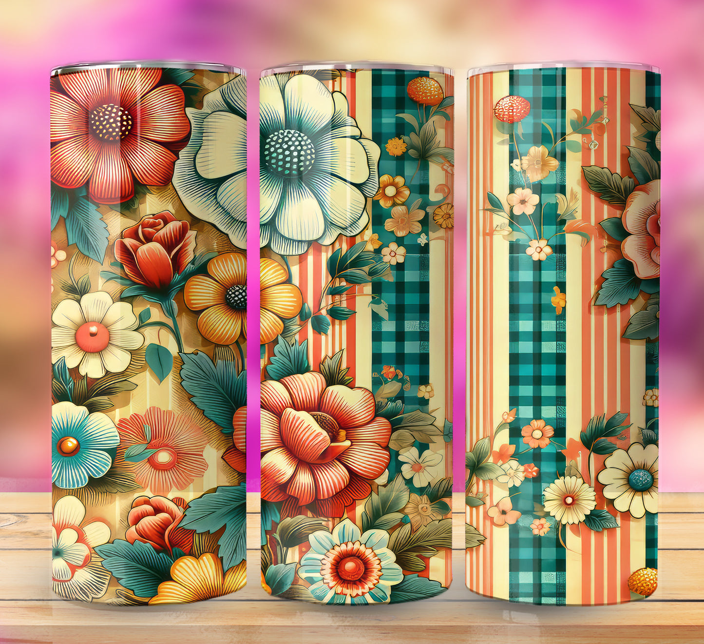 Retro Assorted Floral Pattern 20oz Sublimation Images Bundle