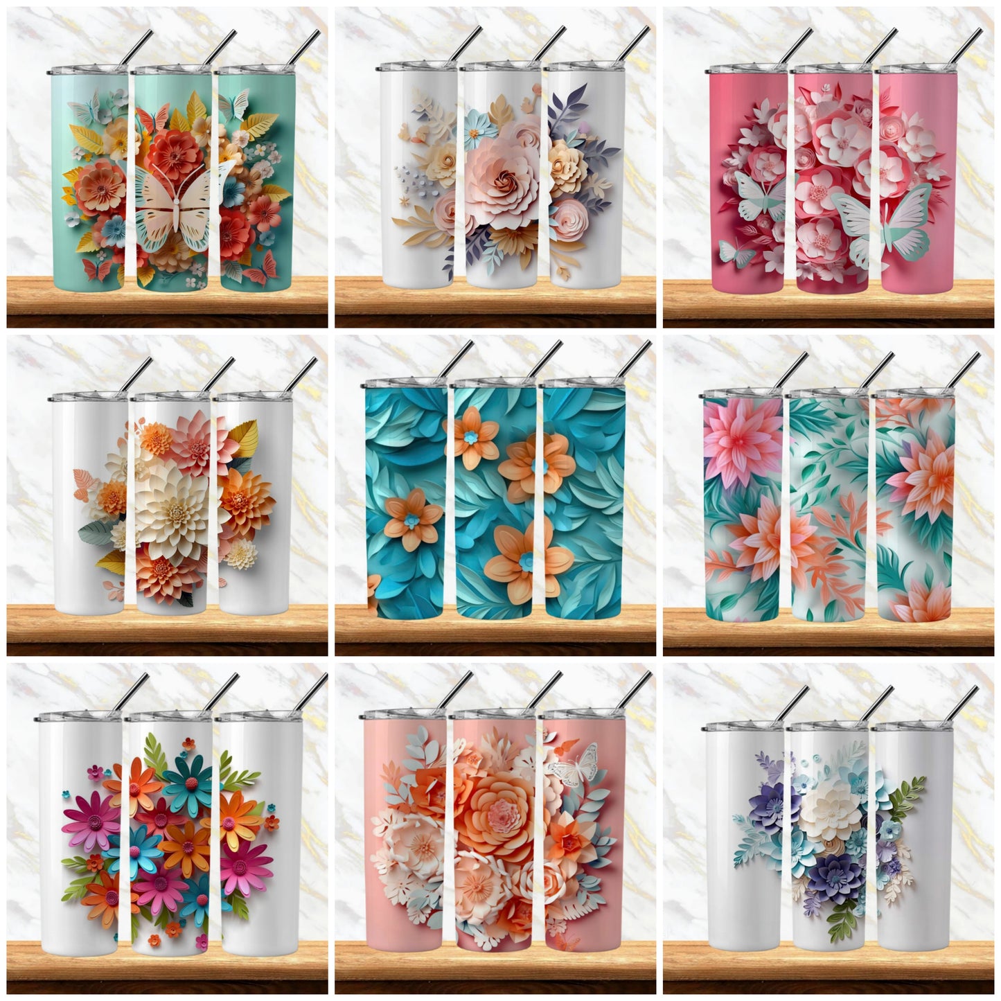 3D Flowers Sublimation Tumbler Image Bundle 20 oz