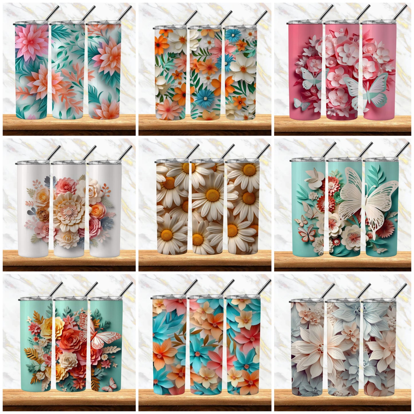 3D Flowers Sublimation Tumbler Image Bundle 20 oz