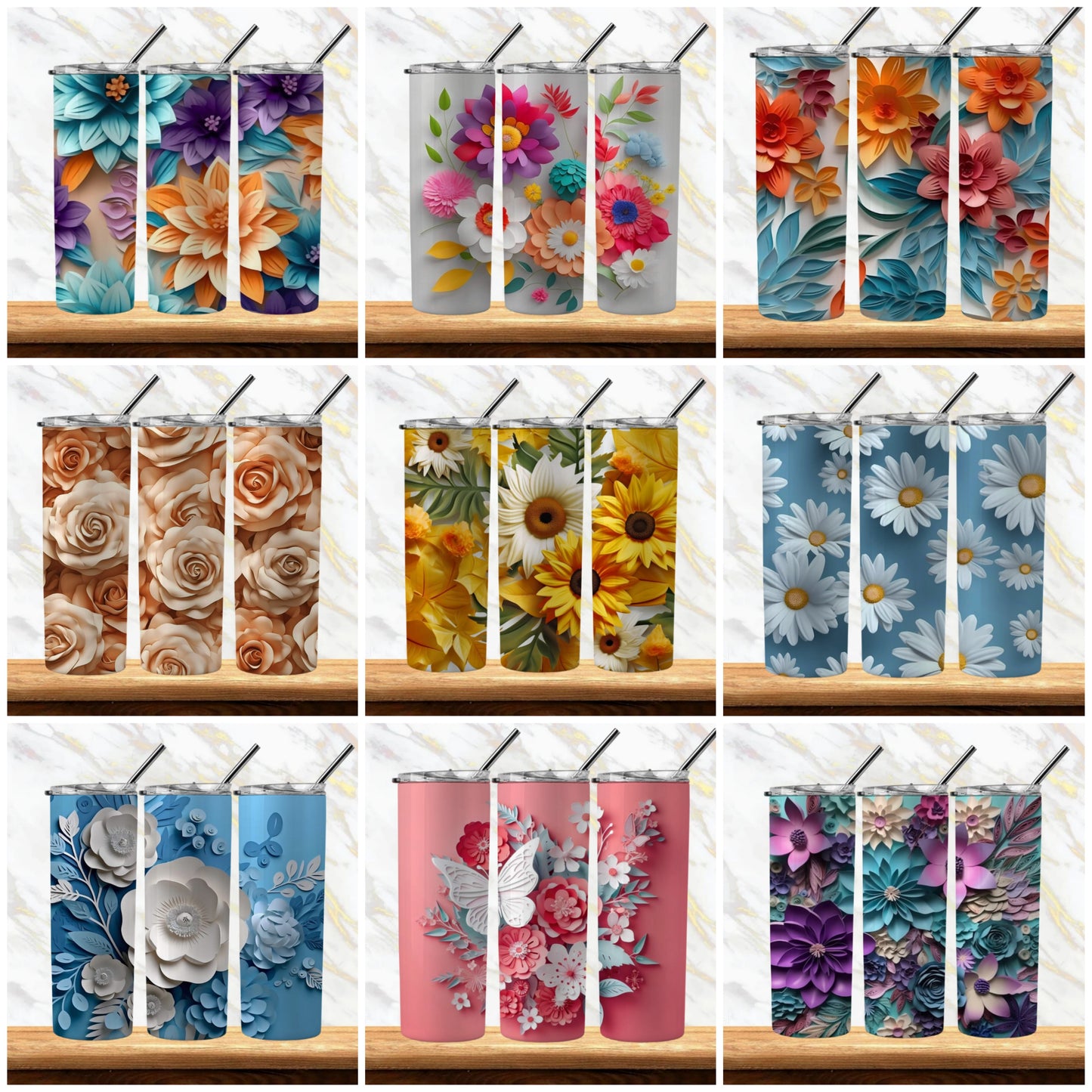 3D Flowers Sublimation Tumbler Image Bundle 20 oz