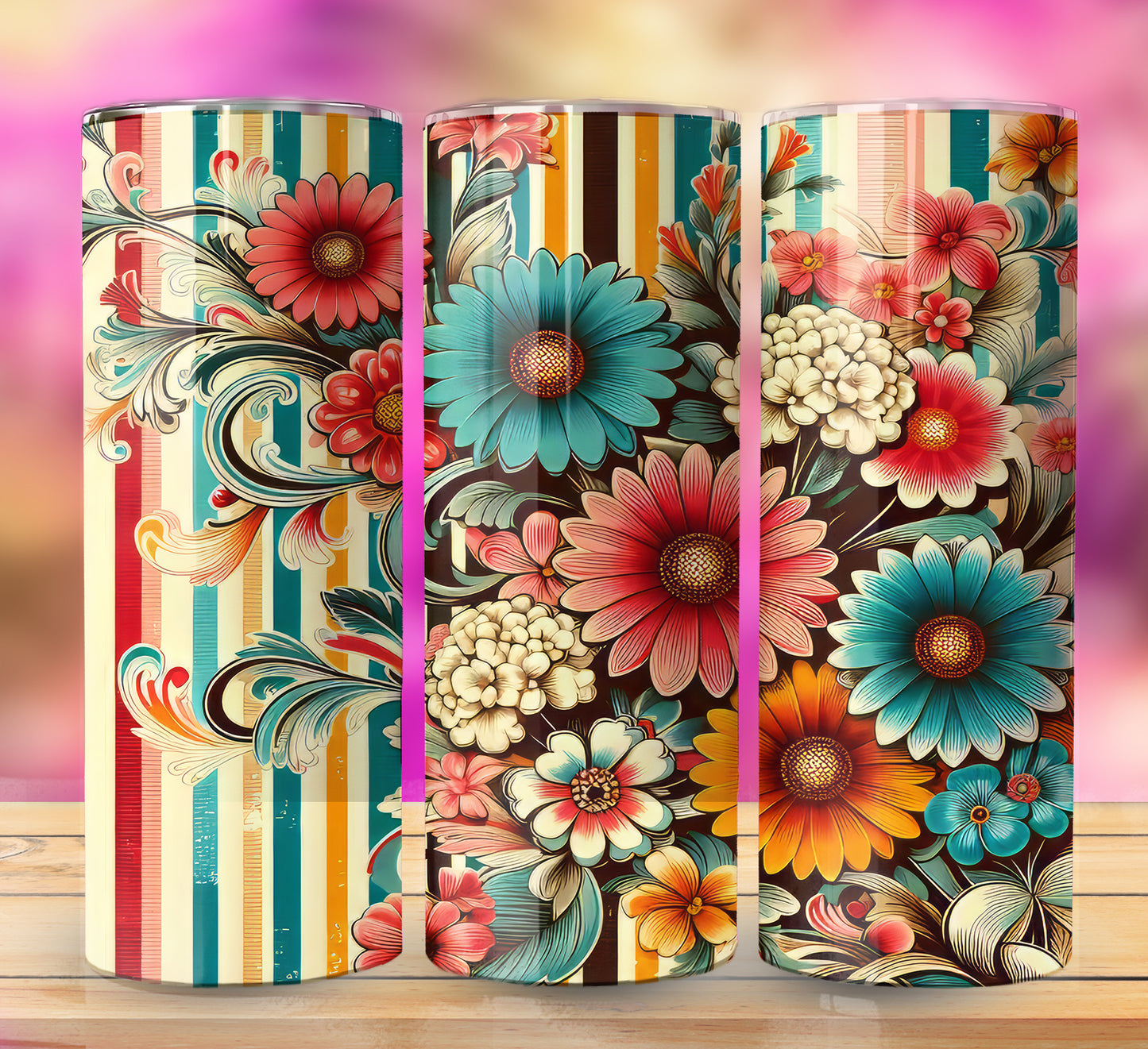 Retro Assorted Floral Pattern 20oz Sublimation Images Bundle