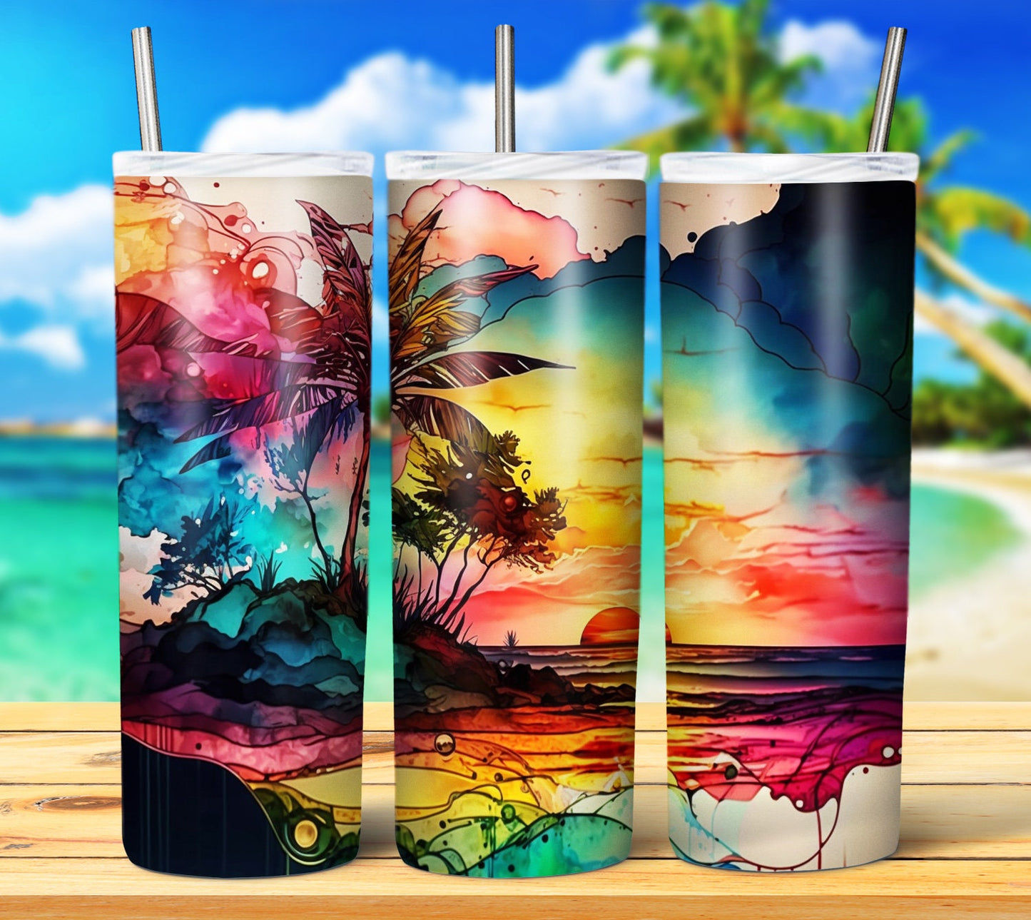 Watercolor Beach 20oz Sublimation Tumbler Images Bundle