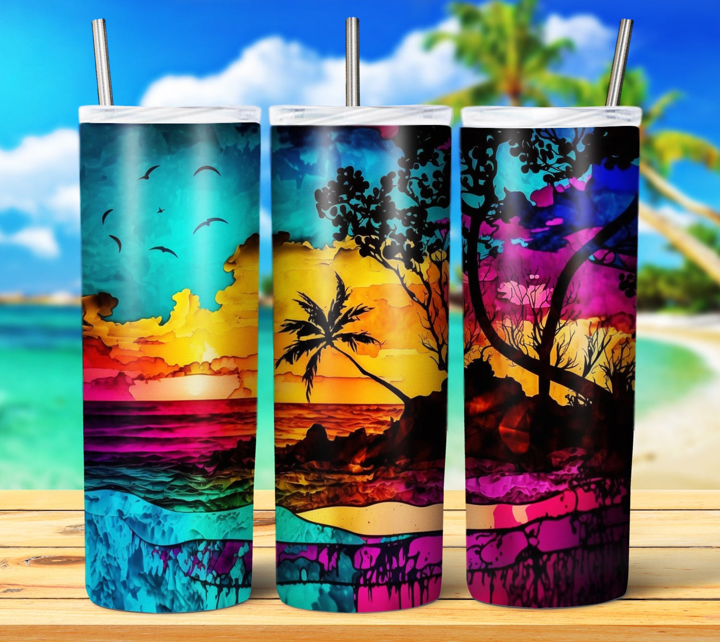 Watercolor Beach 20oz Sublimation Tumbler Images Bundle