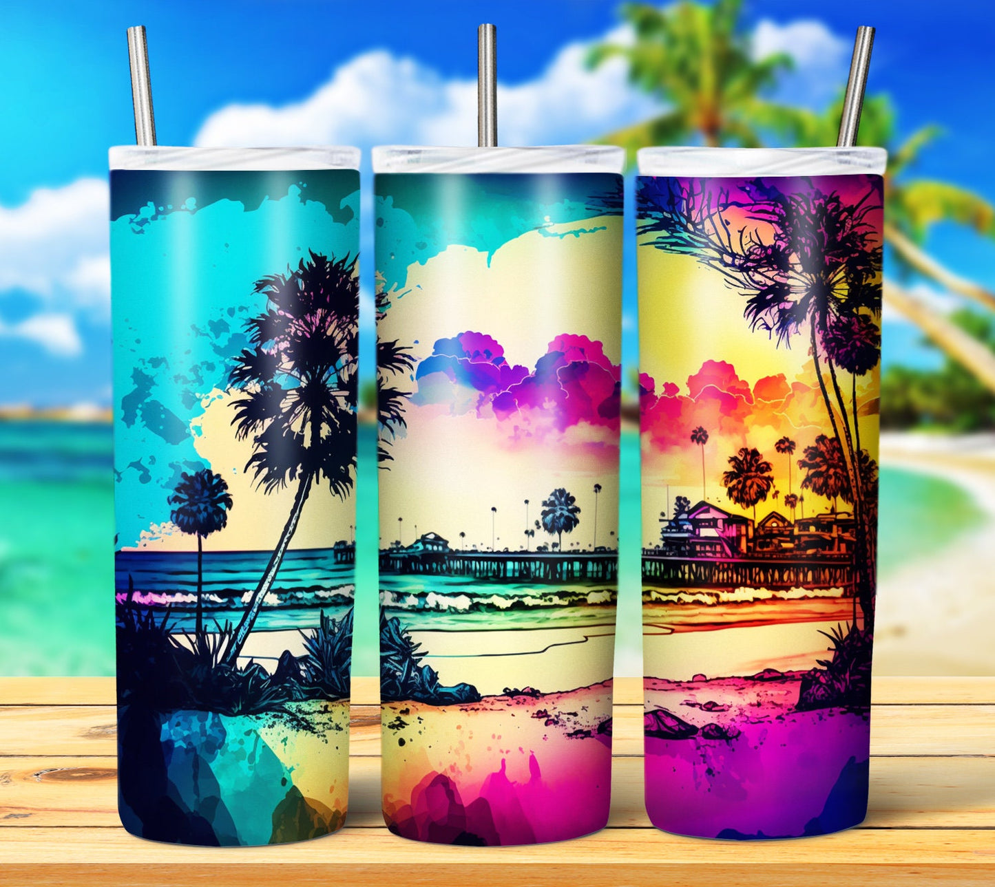 Watercolor Beach 20oz Sublimation Tumbler Images Bundle