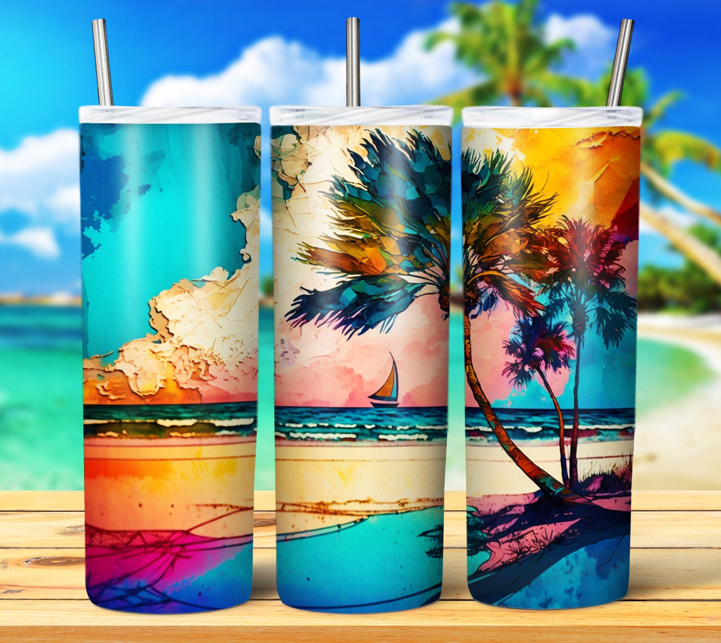 Watercolor Beach 20oz Sublimation Tumbler Images Bundle