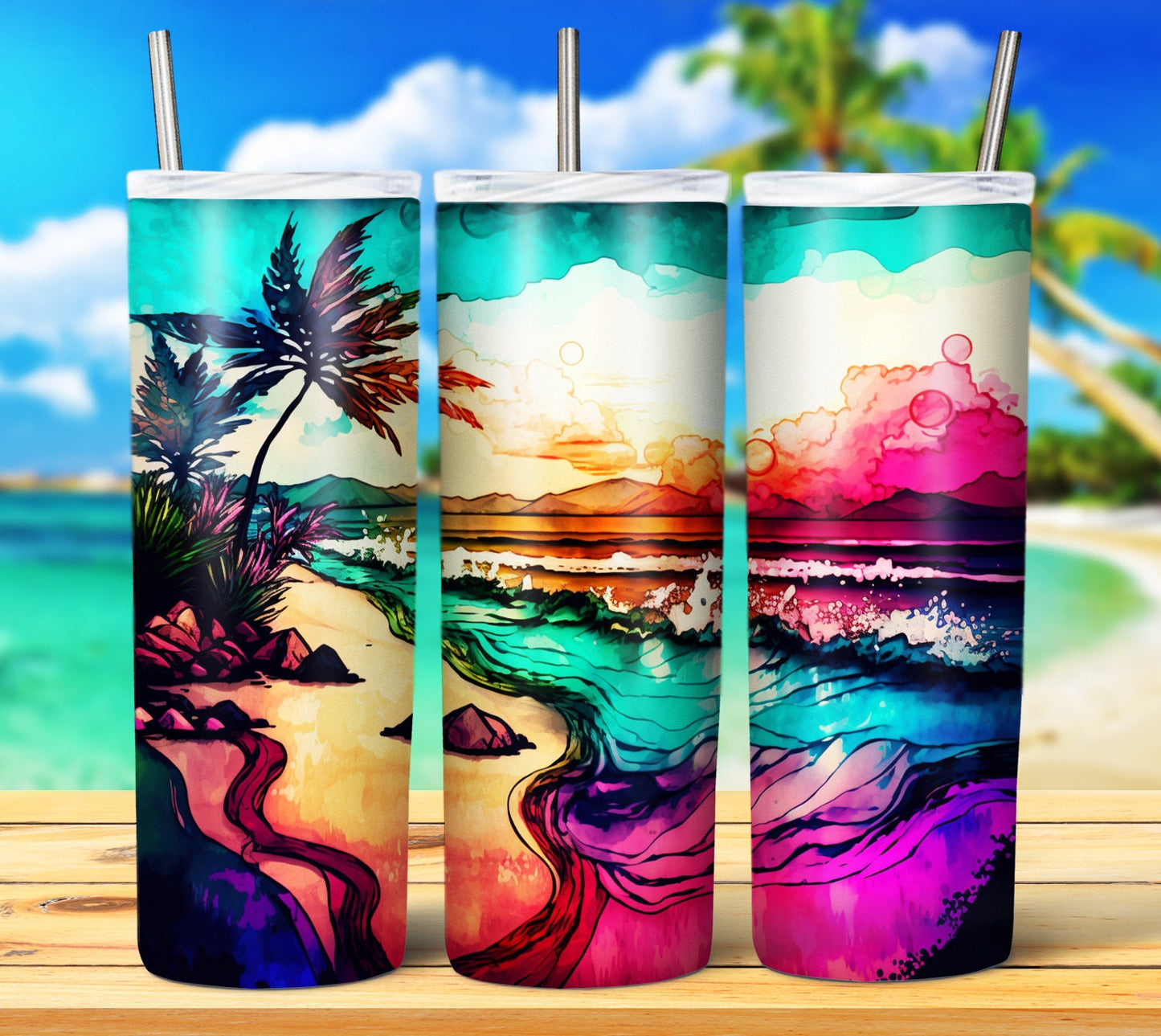 Watercolor Beach 20oz Sublimation Tumbler Images Bundle