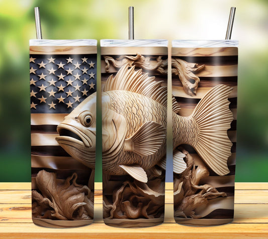 3D Wood Fish Engrave 20oz Sublimation Tumbler Image