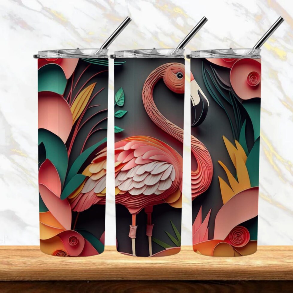 3D Paper Flamingo 20oz Sublimation Tumbler Image